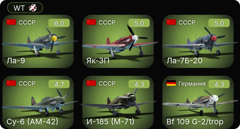 WT — Fw 190 A-5 | Bf 109 G-2/trop | Су-6 (АМ-42) | Як-3П | Ла-9