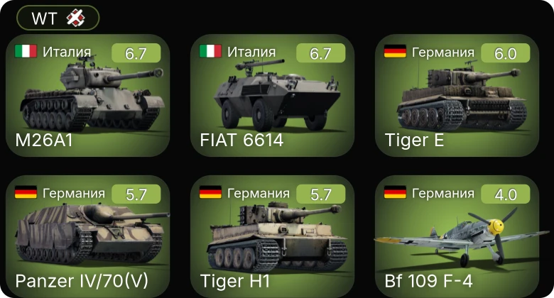WT — FIAT 6614 | M26A1 | Bf 109 F-4 | Ki-43-III otsu | M4A5