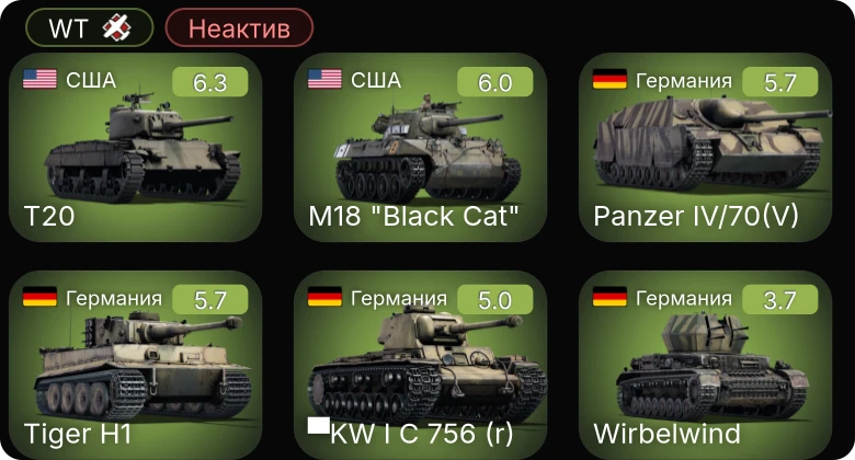 WT — Неактив | T20 | M18 "Black Cat" | ▀KW I C 756 (r) | Т-126 | И-153-М62 Жуковского