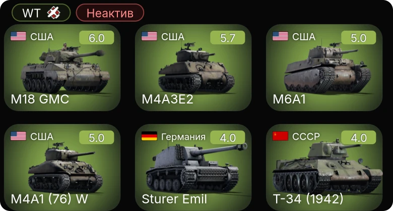 WT — Неактив | M6A1 | M4A1 (76) W | M4A3E2 | M18 GMC | M44