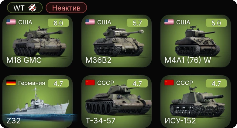 WT — Неактив | M18 GMC | M4A1 (76) W | P-47D-22-RE | M36B2 | M19A1