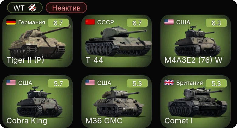 WT — Неактив | M4A3E2 (76) W | Т-44 | M36 GMC | Cobra King | M19A1
