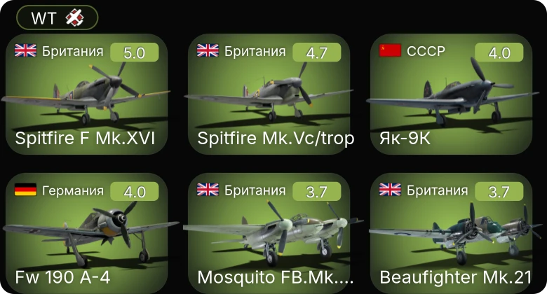 WT — Fw 190 A-4 | Як-9К | Spitfire Mk.Vc/trop | Mosquito FB.Mk.XVIII | Spitfire F Mk.XVI