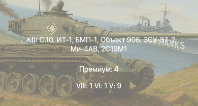 WT — 8 ранг: 1шт 6 ранг: 1шт 5 ранг: 9шт Kfir C.10 | ИТ-1 | Ми-4АВ | БМП-1 | Объект 906 | ЗСУ-37-2 | БТР-80А | ЗСУ-23-4М2 | ЗСУ-57-2 | 2С19М1