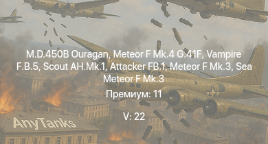 WT — 5 ранг: 22шт Scout AH.Mk.1 | Vampire F.B.5 | Meteor F Mk.4 G.41F | M.D.450B Ouragan | Meteor F Mk.3 | Sea Meteor F Mk.3 | Attacker FB.1 | Spitfire F Mk.22 | Spitfire F Mk.24 | Императрица Мария