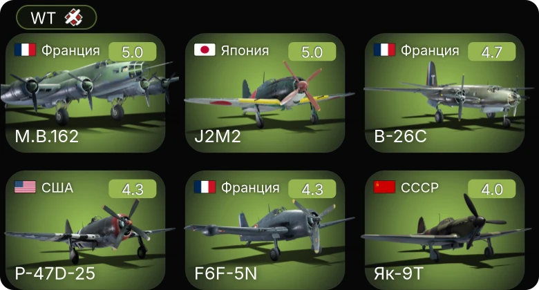 WT — F6F-5N | P-47D-25 | P-63A-5 | Fw 190 A-4 | Як-9Т