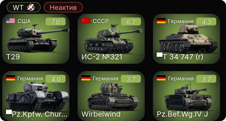 WT — Неактив | T29 | ИС-2 №321 | ▀T 34 747 (r) | ▀Pz.Kpfw. Churchill | M2A4