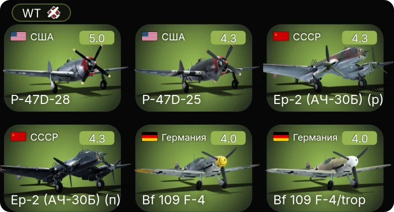 WT — Ер-2 (АЧ-30Б) (п) | Ер-2 (АЧ-30Б) (р) | P-47D-28 | P-47D-25 | Me 410 A-1