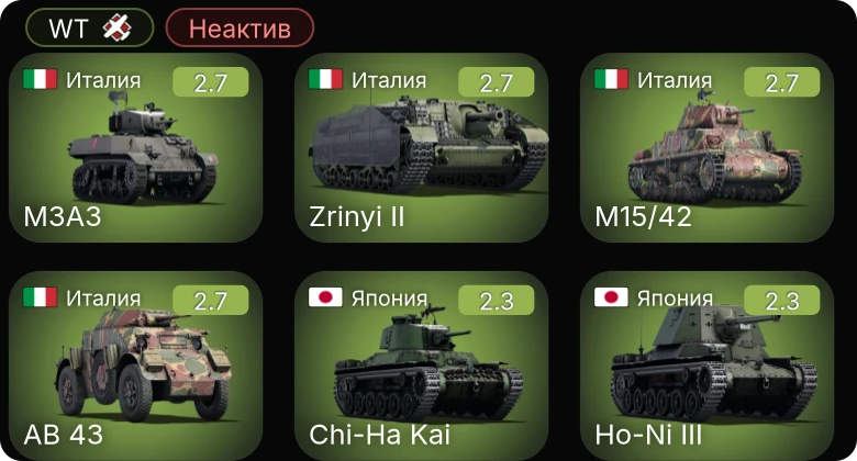 WT — Неактив | Chi-Ha Kai | Re.2002 Early | AB 43 | M15/42 | M3A3