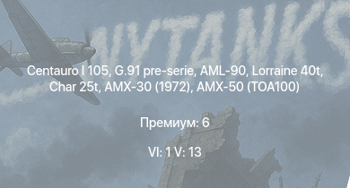 WT — 6 ранг: 1шт 5 ранг: 13шт Centauro I 105 | G.91 pre-serie | R3 T106 FA | Char 25t | AMX-30 (1972) | Ikv 91 | M47 (105/55) | AB 205 A-1 | AML-90 | Lorraine 40t