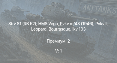 WT — 5 ранг: 1шт Strv 81 (RB 52) |  | Ikv 103 | Pvkv m/43 (1946) | HMS Vega | Leopard | Bourrasque | IJN Mutsuki | IJN Momi | Фрунзе