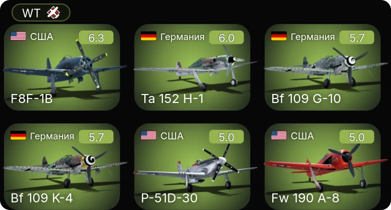 WT — F8F-1B | P-51D-30 | F4U-1C | Fw 190 A-8 | Bf 109 K-4