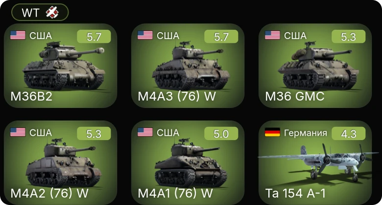 WT — M36 GMC | M4A2 (76) W | M4A1 (76) W | M19A1 | M36B2