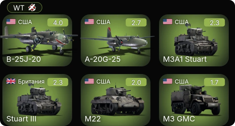 WT — A-20G-25 | B-25J-20 | M3 GMC | M22 | M3A1 Stuart