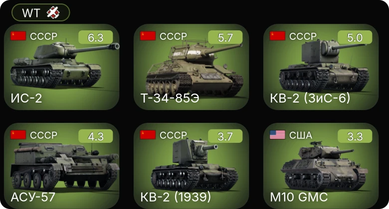 WT — ИС-2 | АСУ-57 | КВ-2 (ЗиС-6) | M10 GMC | M4A3 (105)