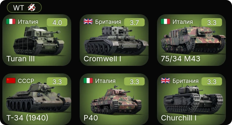 WT — Turan III | Т-34 (1940) | Cromwell I | Cromwell V | Gun Carrier (3-in)