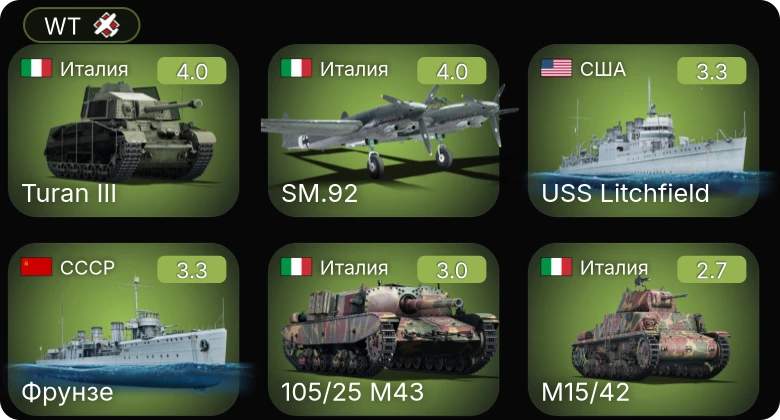 WT — Turan III | SM.92 | Bf 109 E-1 | Bf 109 E-3 | M15/42