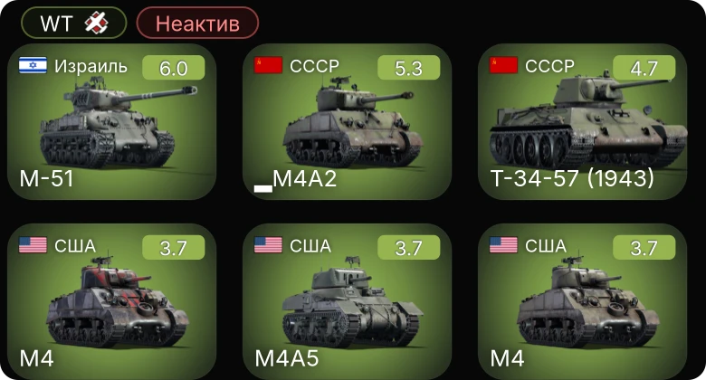WT — Неактив | M-51 | ▀KW II 754 (r) | Т-34-57 (1943) | ▂M4A2 | M4A1