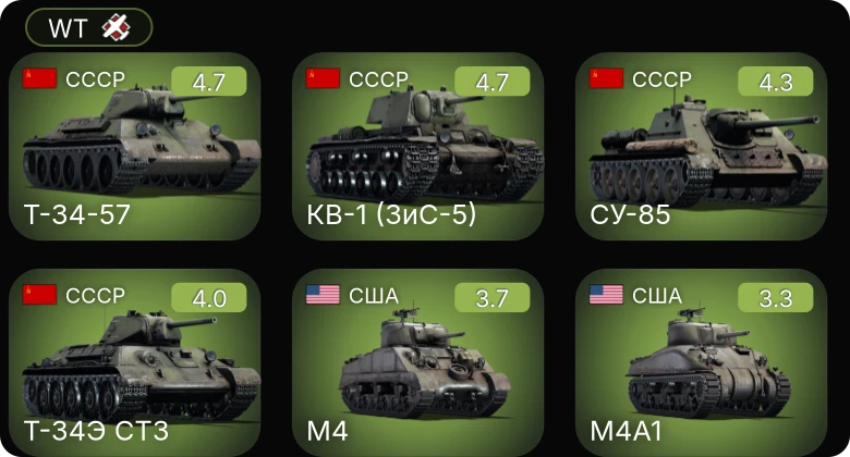 WT — СУ-85 | КВ-1 (ЗиС-5) | Т-34-57 | M4A1 | Stuart VI (5th CAD)
