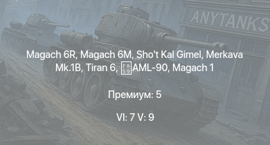 WT — 6 ранг: 7шт 5 ранг: 9шт Merkava Mk.1B | Magach 6M | Shot Kal Gimel | Magach 6R | Tiran 6 | Giraf | Tiran 4 | Magach 3 | Tiran 4S | Shot Kal Alef