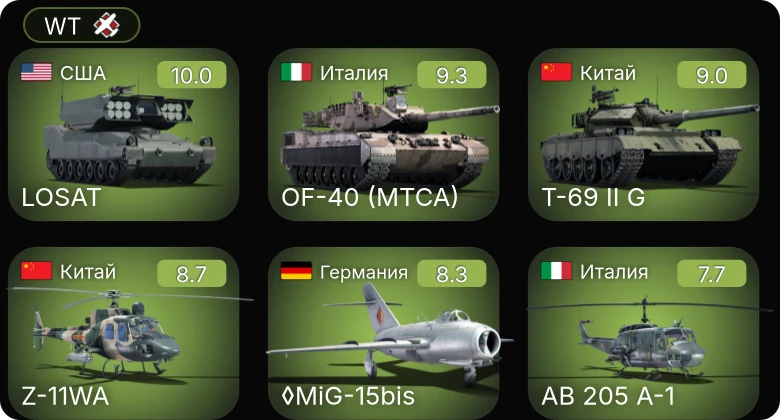 WT — 7 ранг: 1шт 6 ранг: 2шт 5 ранг: 4шт