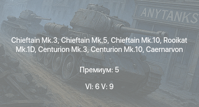 WT — 6 ранг: 6шт 5 ранг: 9шт Chieftain Mk.10 | Rooikat Mk.1D | Chieftain Mk.3 | Chieftain Mk.5 | Falcon | Vickers Mk.3 | Chieftain Marksman | Vickers Mk.1 | Centurion Mk.10 | Centurion Mk.3