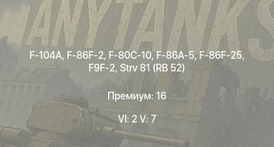 WT — 6 ранг: 2шт 5 ранг: 7шт F-104A | F-86F-2 | F-86F-25 | F-86A-5 | F9F-2 | AH-1G | Strv 81 (RB 52) | F-80C-10 | F-80A-5 | F-84B-26