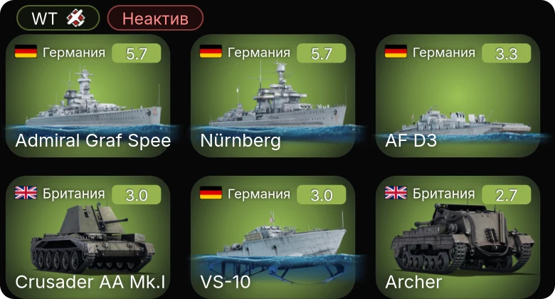 WT — Неактив | VS-10 | AF D3 | Krischan der Große | Nürnberg | Admiral Graf Spee