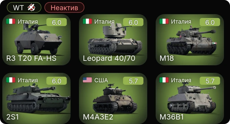 WT — Неактив | R3 T20 FA-HS | M18 | 2S1 | Leopard 40/70 | M36B1