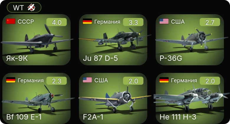 WT — Як-9К | P-36G | Bf 109 E-1 | Ju 87 D-5 | P-26B-35