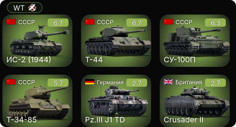 WT — Т-44 | СУ-100П | ИС-2 (1944) | Т-34-85 | M3 Lee
