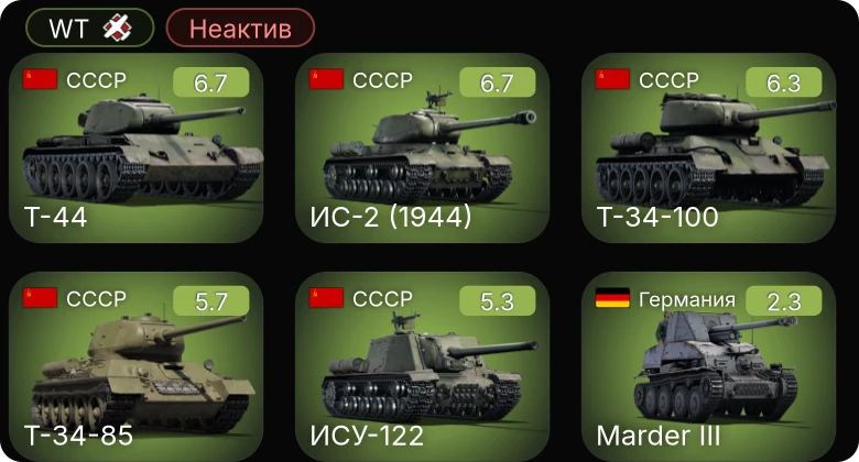 WT — Неактив | Т-44 | Т-34-100 | ИС-2 (1944) | ИСУ-122 | Т-34-85