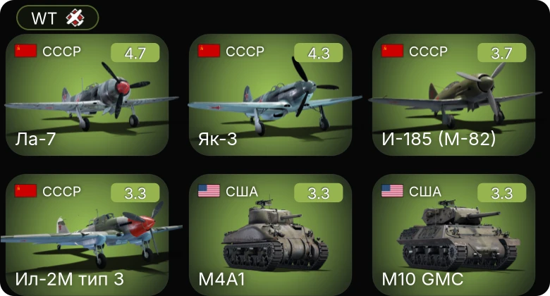 WT — Як-3 | И-185 (М-82) | Ла-7 | Ил-2М тип 3 | Ер-2 (М-105)