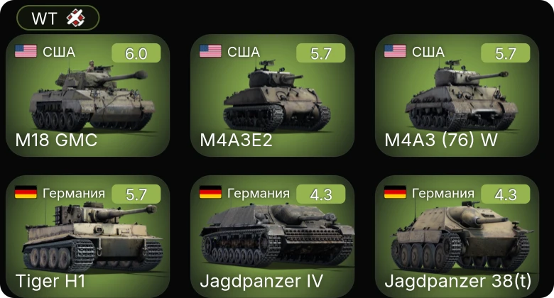 WT — M4A3 (76) W | M18 GMC | M4A3E2 | Jagdpanzer 38(t) | Т-34 (1940)