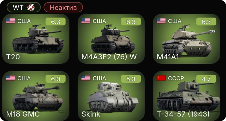 WT — Неактив | T20 | M41A1 | M4A3E2 (76) W | Skink | M18 GMC