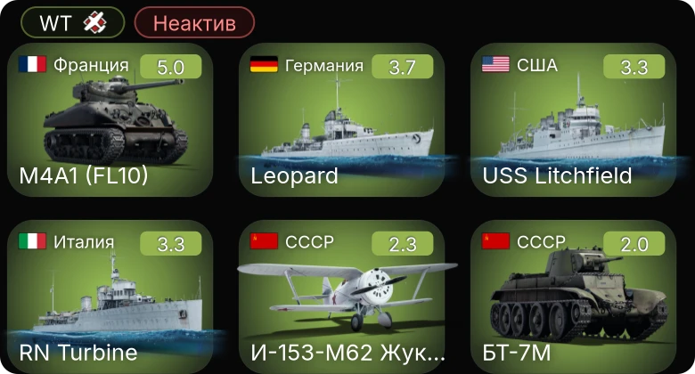 WT — Неактив | M4A1 (FL10) | USS Litchfield | Leopard | БТ-7М | Т-28 (1938)