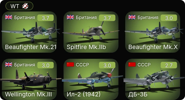 WT — ДБ-3Б | МиГ-3-15 (БК) | Ил-2-37 | Ил-2 (1942) | Wellington Mk.Ic/L