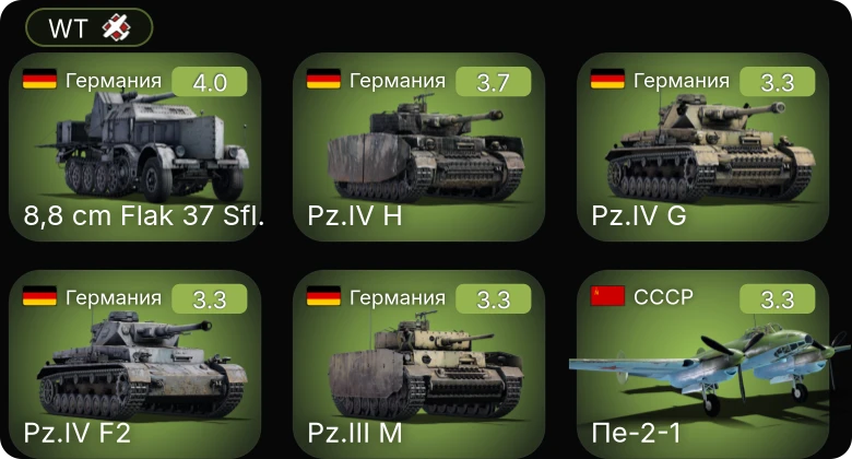WT — 8,8 cm Flak 37 Sfl. | И-16 тип 27 | Пе-2-1 | P-26A-33 | БТ-5