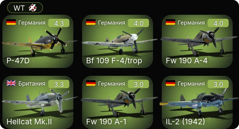 WT — Bf 109 F-4/trop | Fw 190 A-4 | P-47D | Hellcat Mk.II | Fw 190 A-1