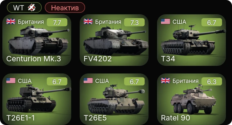WT — Неактив | T34 | T26E1-1 | T26E5 | Ratel 90 | FV4202