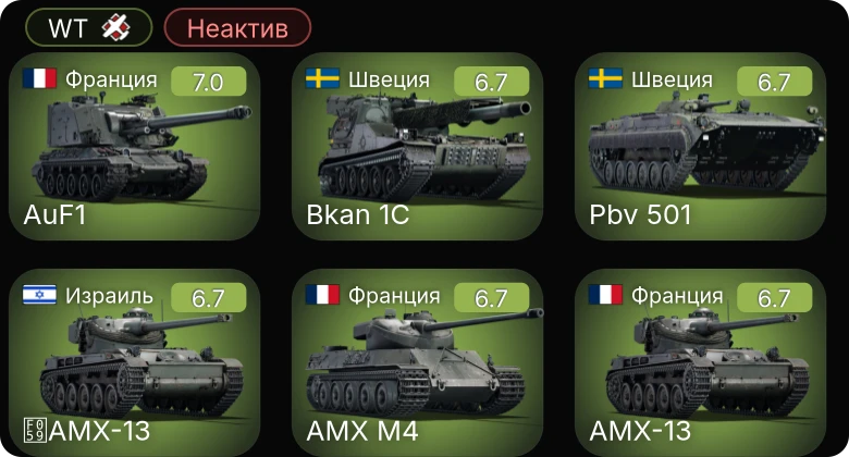 WT — Неактив | ИС-2 | AMX-13 | AMX M4 | AuF1 | ELC bis