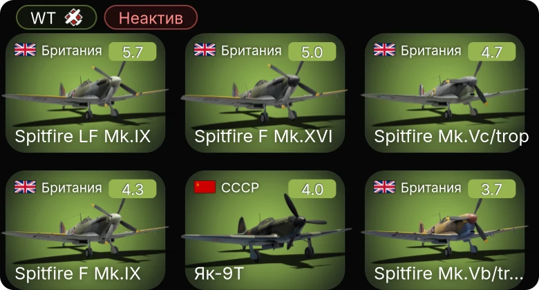 WT — Неактив | Spitfire LF Mk.IX | Як-9Т | Spitfire F Mk.XVI | Spitfire F Mk.IX | Spitfire Mk.Vc/trop