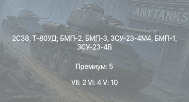 WT — 7 ранг: 2шт 6 ранг: 4шт 5 ранг: 10шт Т-80УД | 2С38 | ЗСУ-23-4М4 | БМП-3 | БМП-2 | БМП-1 | Ми-4АВ | ЗСУ-23-4В | ЗСУ-37-2 | 2С19М2