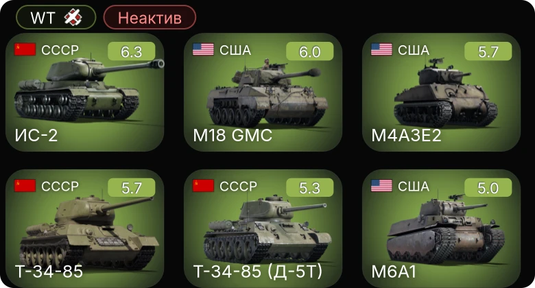 WT — Неактив | ИС-2 | M6A1 | M4A3E2 | M18 GMC | Т-34-85 (Д-5Т)