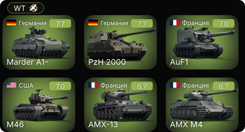 WT — 7 ранг: 1шт 6 ранг: 1шт 5 ранг: 2шт