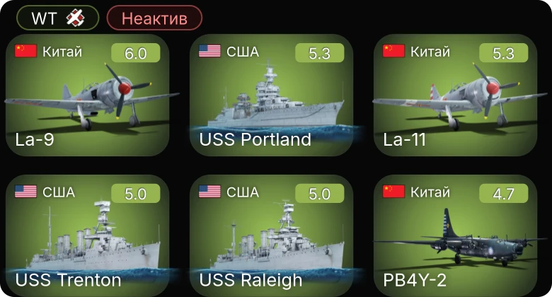 WT — Неактив | USS Portland | La-9 | La-11 | PB4Y-2 | USS Trenton