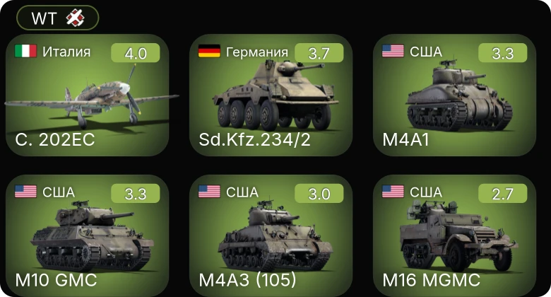 WT — C. 202EC | P-36G | F2A-3 | M10 GMC | M5A1