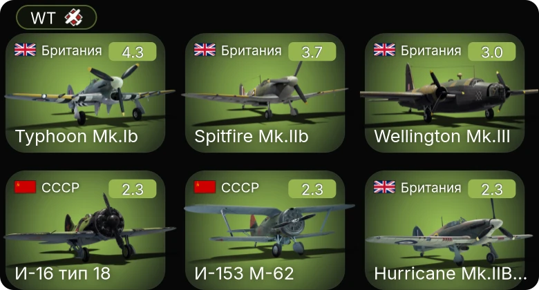 WT — Typhoon Mk.Ib | Wellington Mk.III | Hurricane Mk.IIB/Trop | Spitfire Mk.IIb | P-26A-33