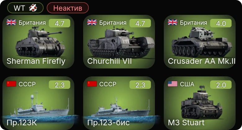 WT — Неактив | Пр.123К | Sherman Firefly | Churchill VII | Crusader AA Mk.II | Пр.1124 ранний