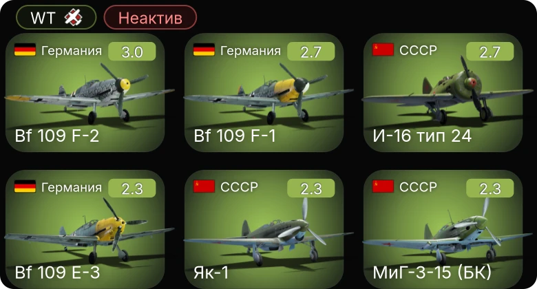 WT — Неактив | Bf 109 E-1 | Bf 109 E-3 | Bf 109 F-1 | Bf 109 F-2 | МиГ-3-15 (БК)